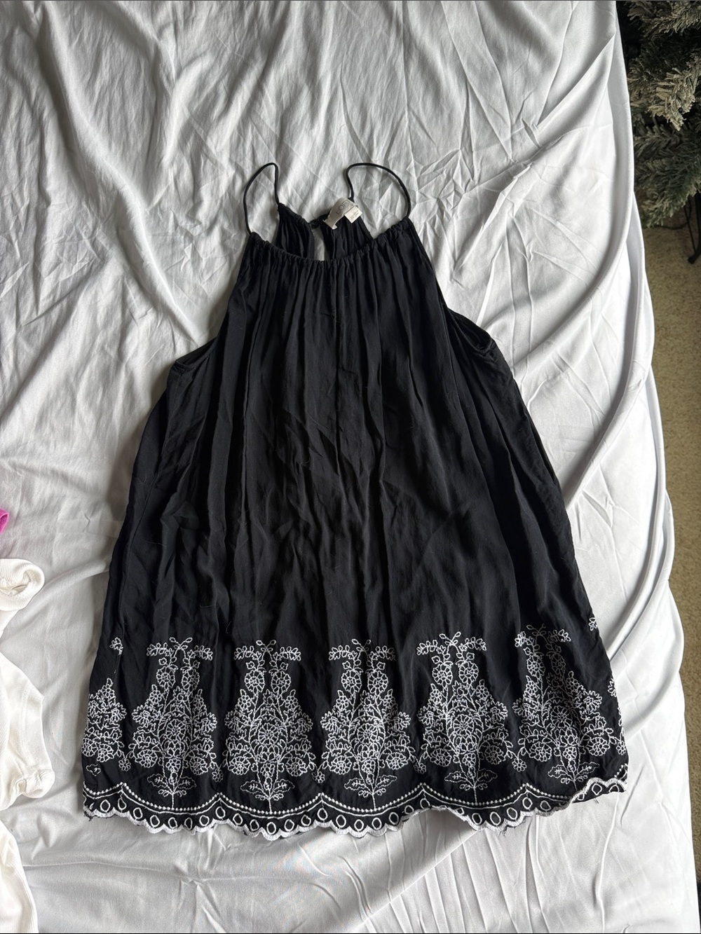 LOFT Black Embroidered Tank with White Hem Detail